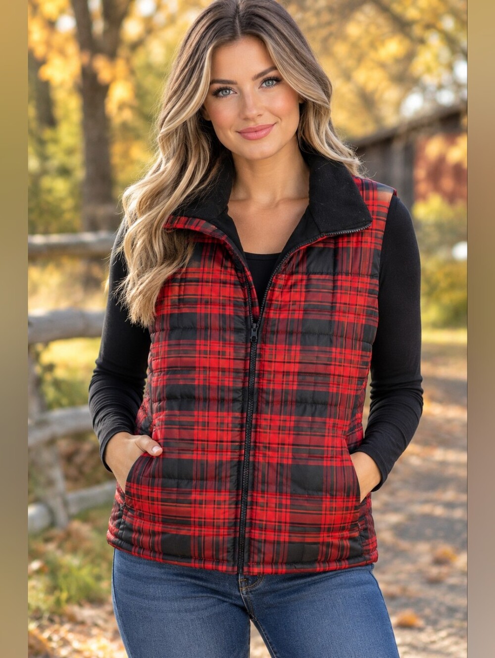 🍉American Living Red & Black Plaid Quilted Vest